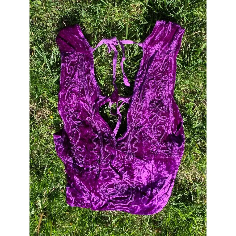 90s Crushed Velvet Festival Top Purple Boho Hippie Embroidery Tie Back Coachella - Picture 8 of 9